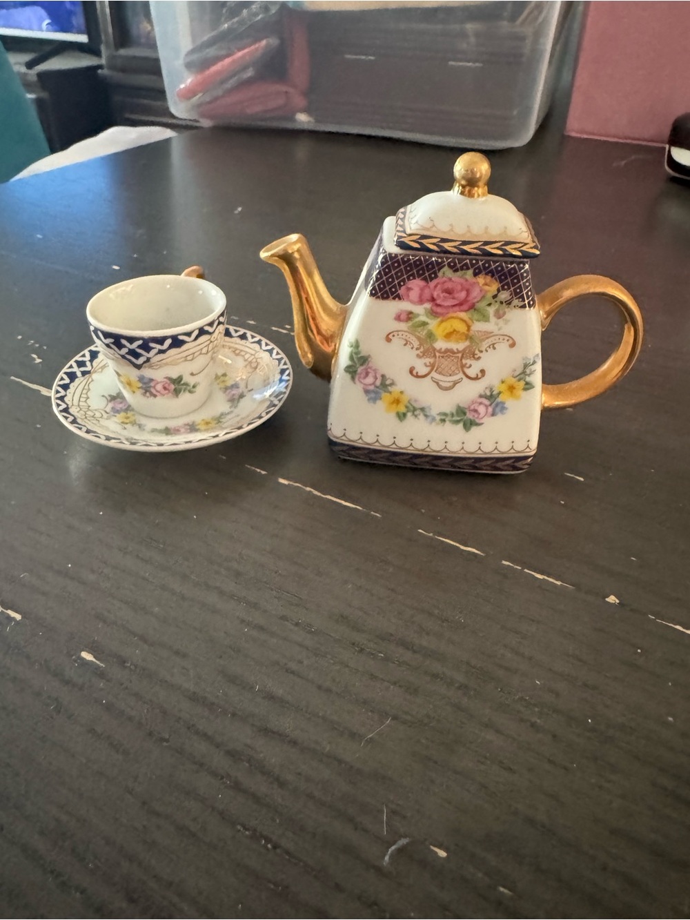 Imperial Porcelain White and Gold Floral Mini Teapot with Cup and Saucer